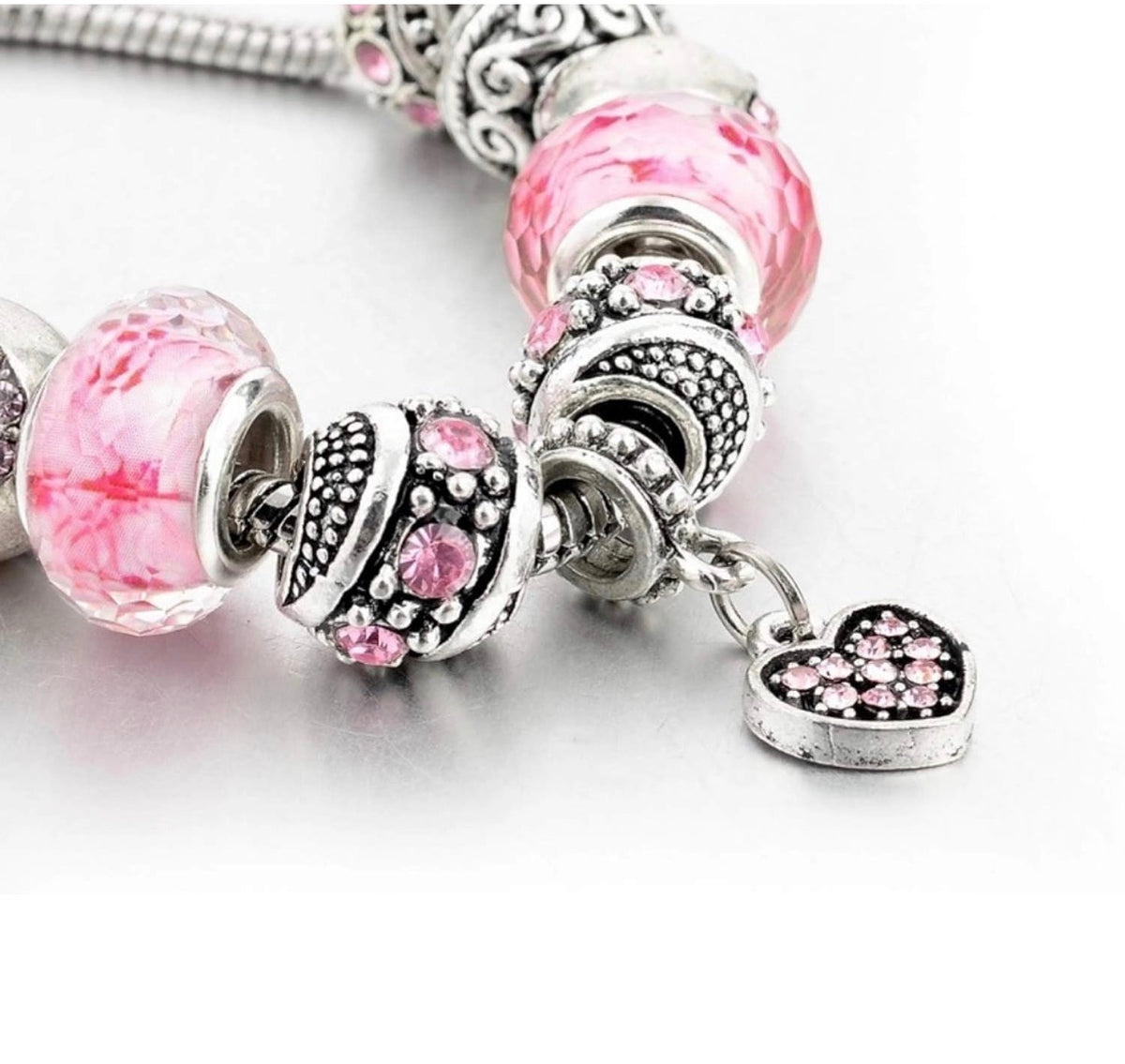 Pink Hearts Silver Plated Charm Bracelet Set
