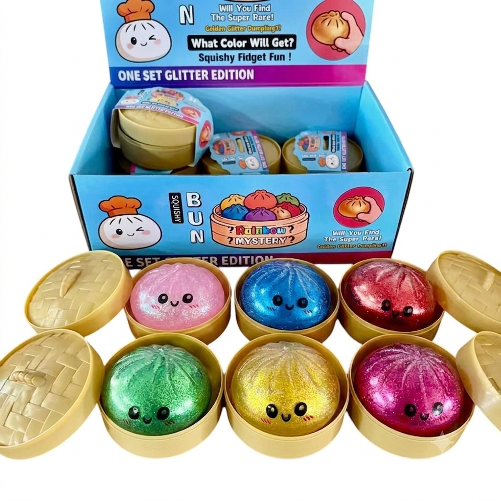 Glitter Dumpling Squishy Fidget Toy – 8.5cm Water Bead Boba Squeeze Bun in Steamer Basket, Mystery Color Stress Relief Toy