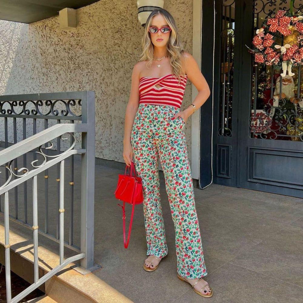 Euro Striped Red Cutout Knitted Crop Top