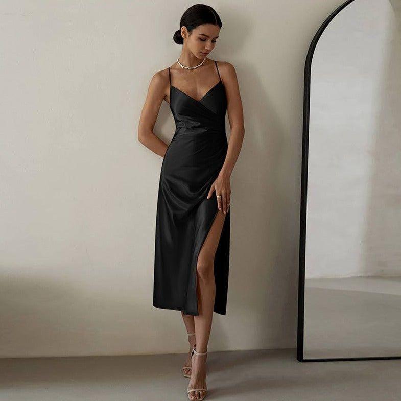 Lovely Lady Black Satin Midi Dress