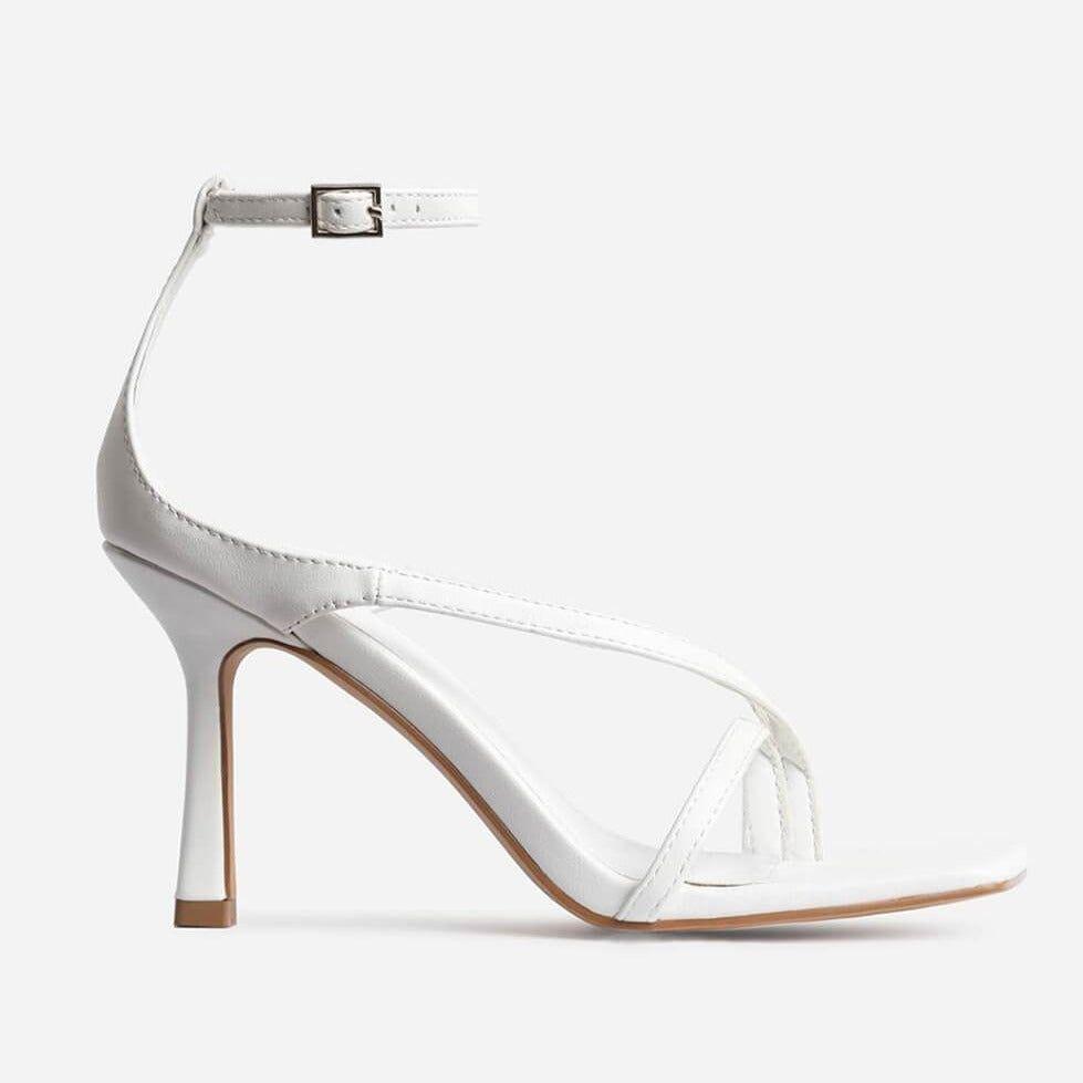 Midnight White Faux Leather Strappy Square-Toe Heels