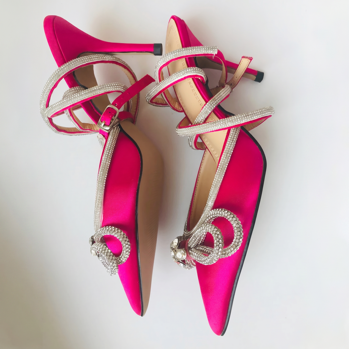 Sugarcoat Hot Pink Crystal Bow Satin Pumps