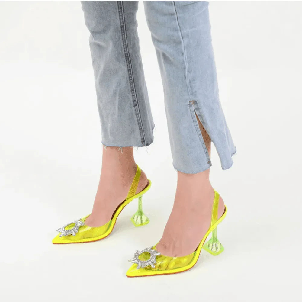Color Cinderella Pointed Toe Yellow Crystal Brooch Heels
