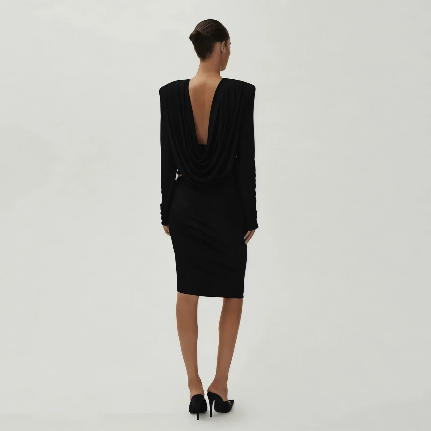 Esme Draped Neck Padded Shoulder Black Blouse