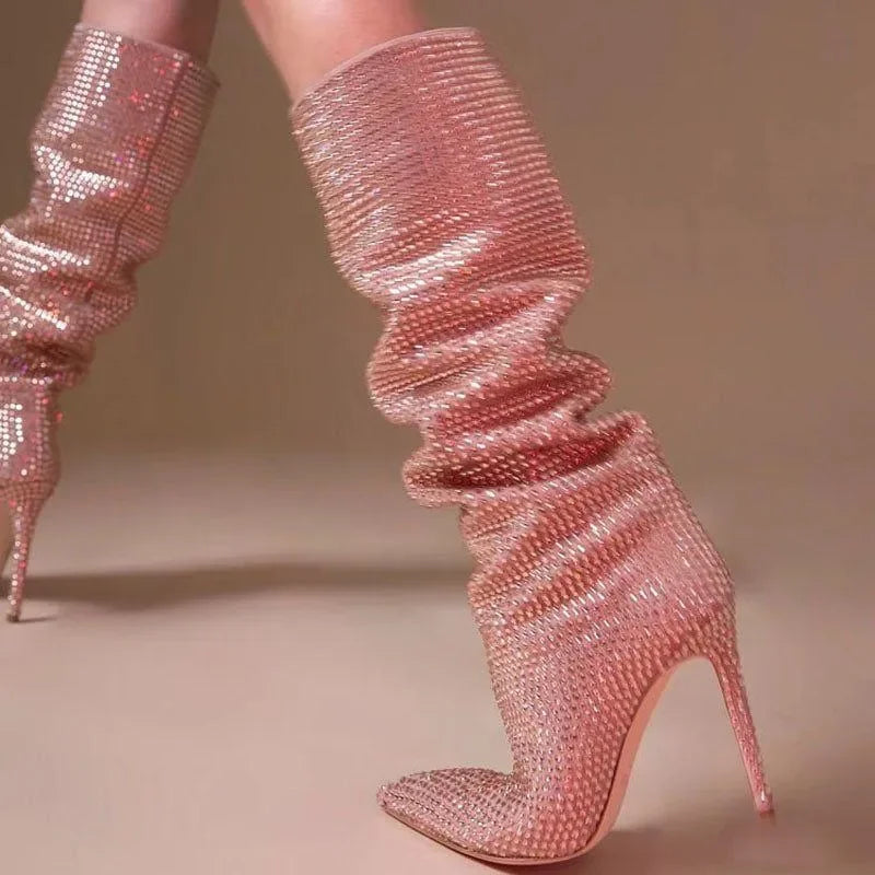 Fashionista Pink Glitter Rhinestone Stiletto Boots