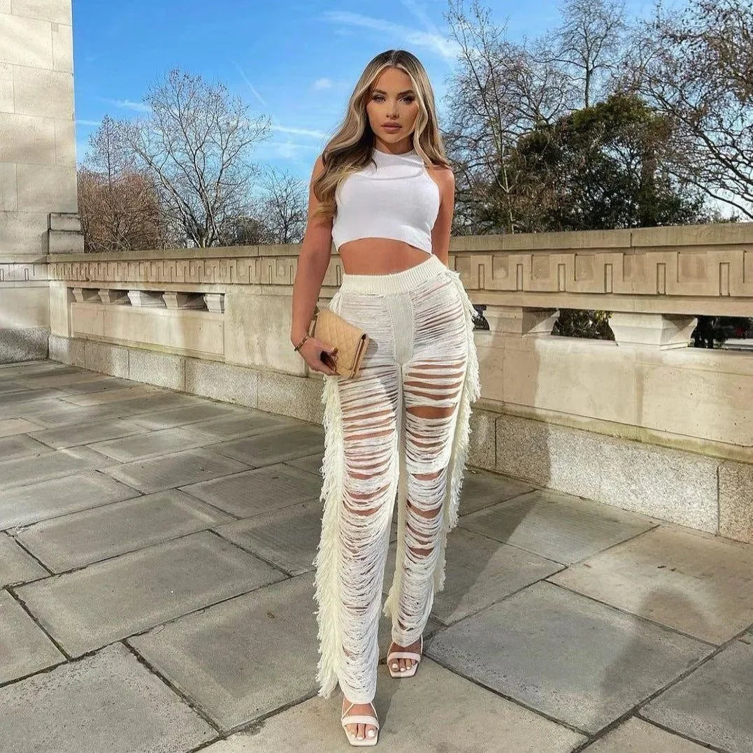 Jada White Ripped Tassel Straight Pants