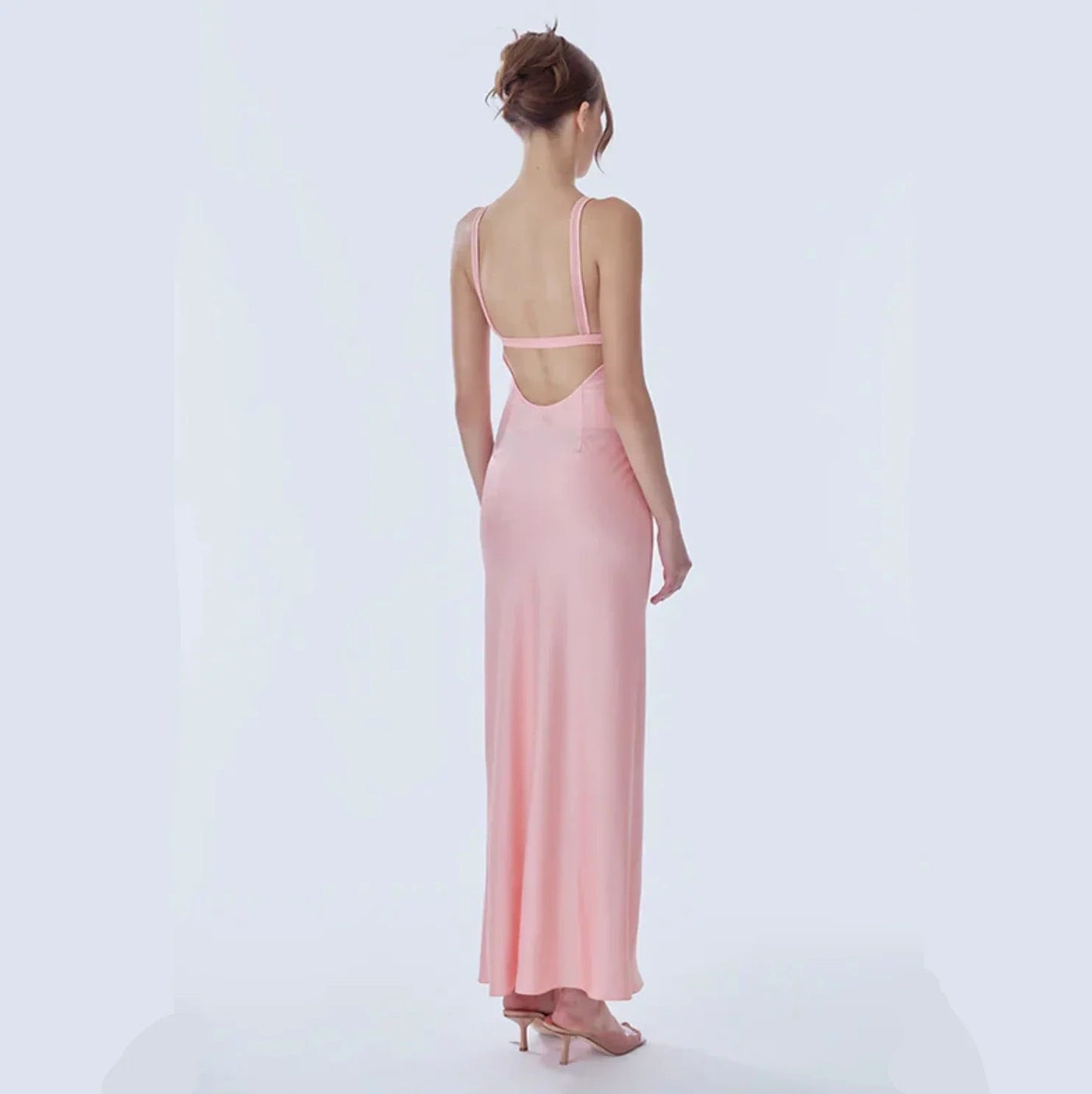 Malika Pink Satin Mesh Maxi Dress