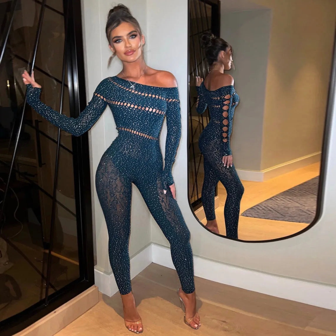 Perfectly Imperfect Rhinestone Embellished Dark Blue Jumpsuit