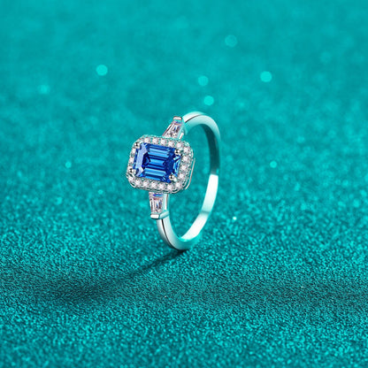 1 Carat Blue Emerald-Cut Sparkala™ Pure Sterling Silver Ring