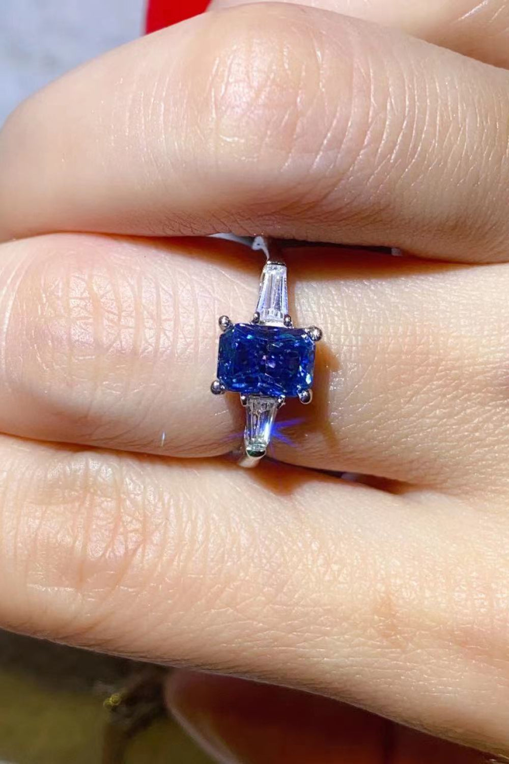 1 Carat Blue Radiant-Cut Sparkala™ Platinum-Plated Rectangle Ring in Blue