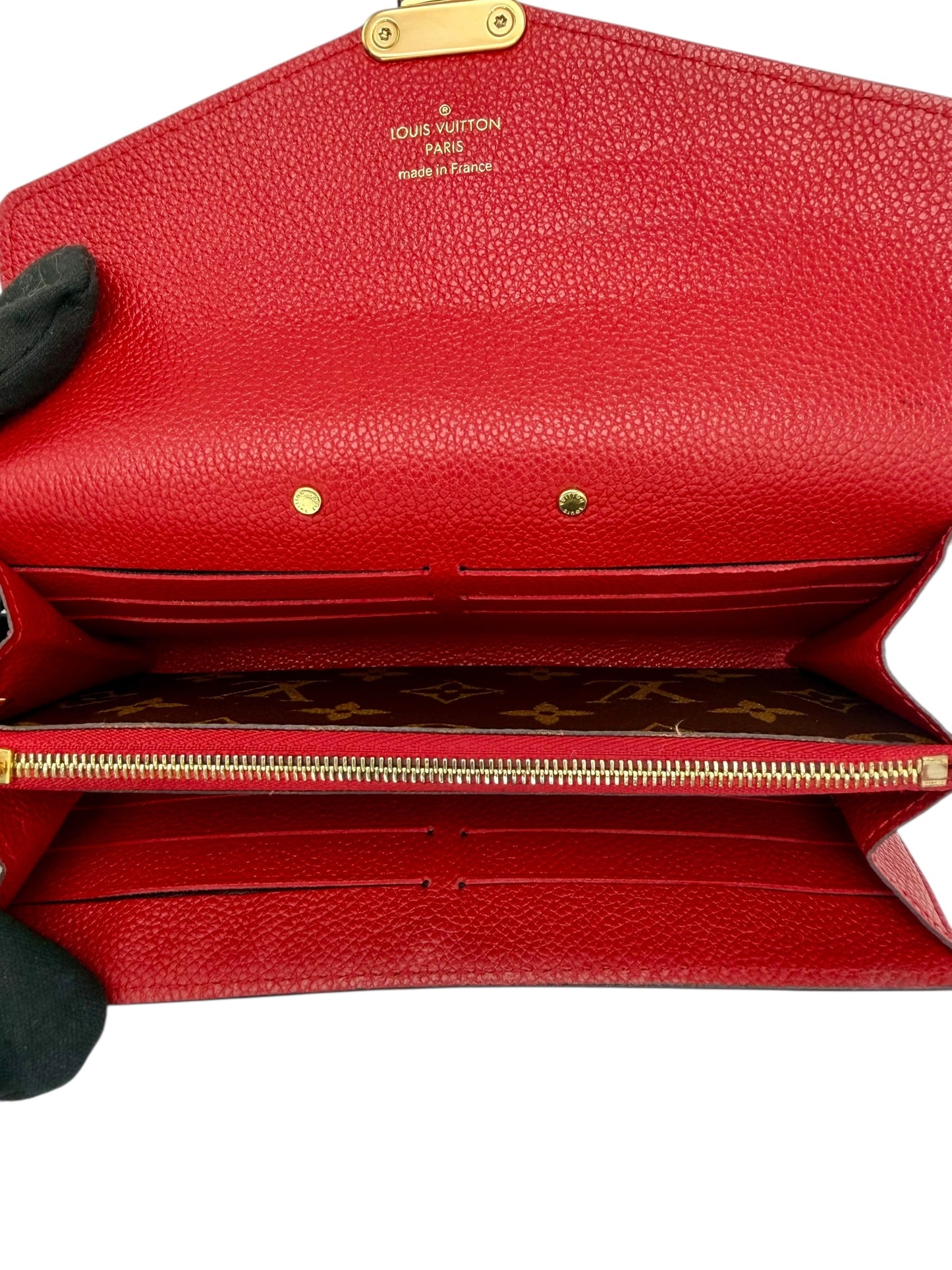 Louis Vuitton Pallas Wallet with Chain - Monogram Canvas & Scarlet Red Calfskin Leather - Excellent Preloved Condition