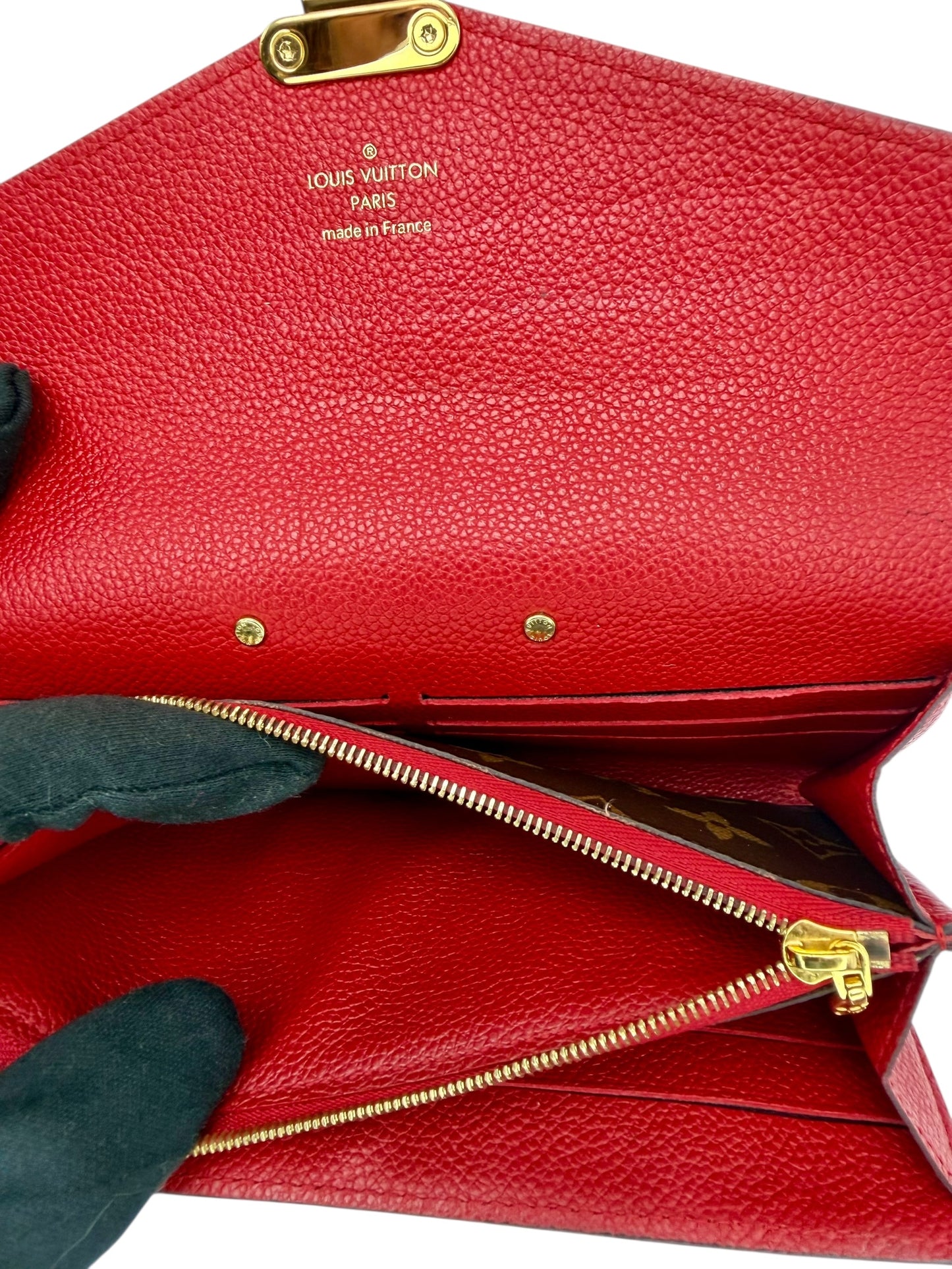 Louis Vuitton Pallas Wallet with Chain - Monogram Canvas & Scarlet Red Calfskin Leather - Excellent Preloved Condition