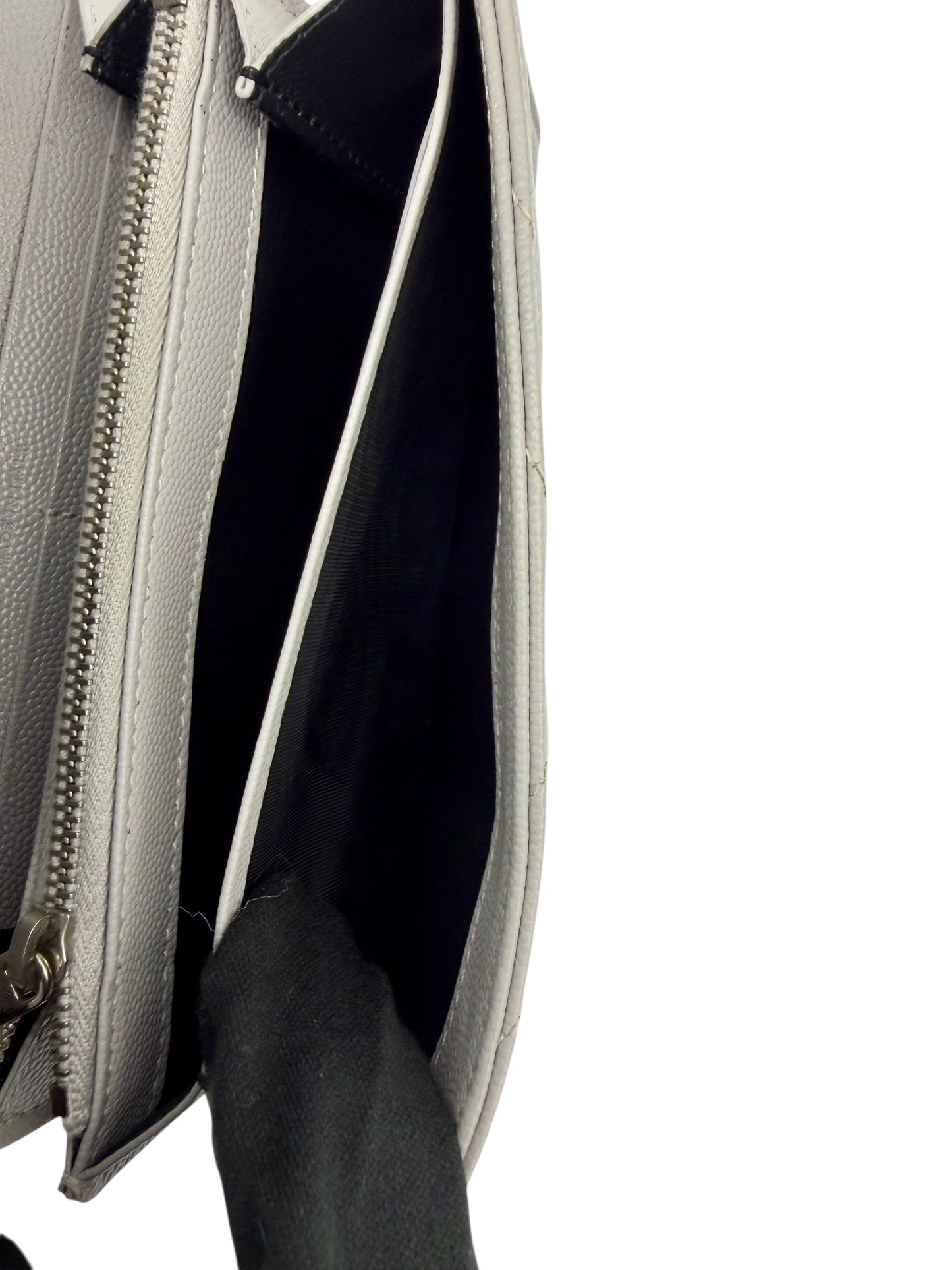 Yves Saint Laurent YSL Cassandre Matelassé Envelope Chain Wallet in Fog (Light Grey) Grain de Poudre Leather with Silver Hardware - AUTHENTIC