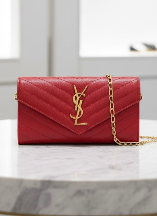 Yves Saint Laurent Monogram Envelope Chain Wallet Crossbody in Red Grain de Poudre Leather with Gold Hardware