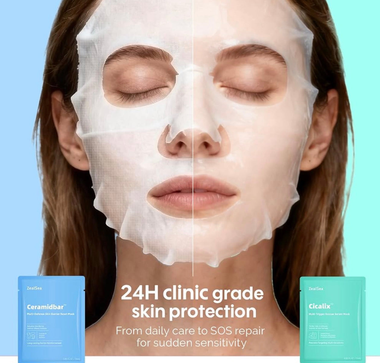 ZealSea Rescue & Repair Duo Facial Mask Set (8 Pack, 4+4) – Cicalix Soothing Rescue Serum Mask & Ceramidbar Skin Barrier Reset Mask – Hydrating, Plumping, Anti-Aging Clinic-Grade Derm Solution
