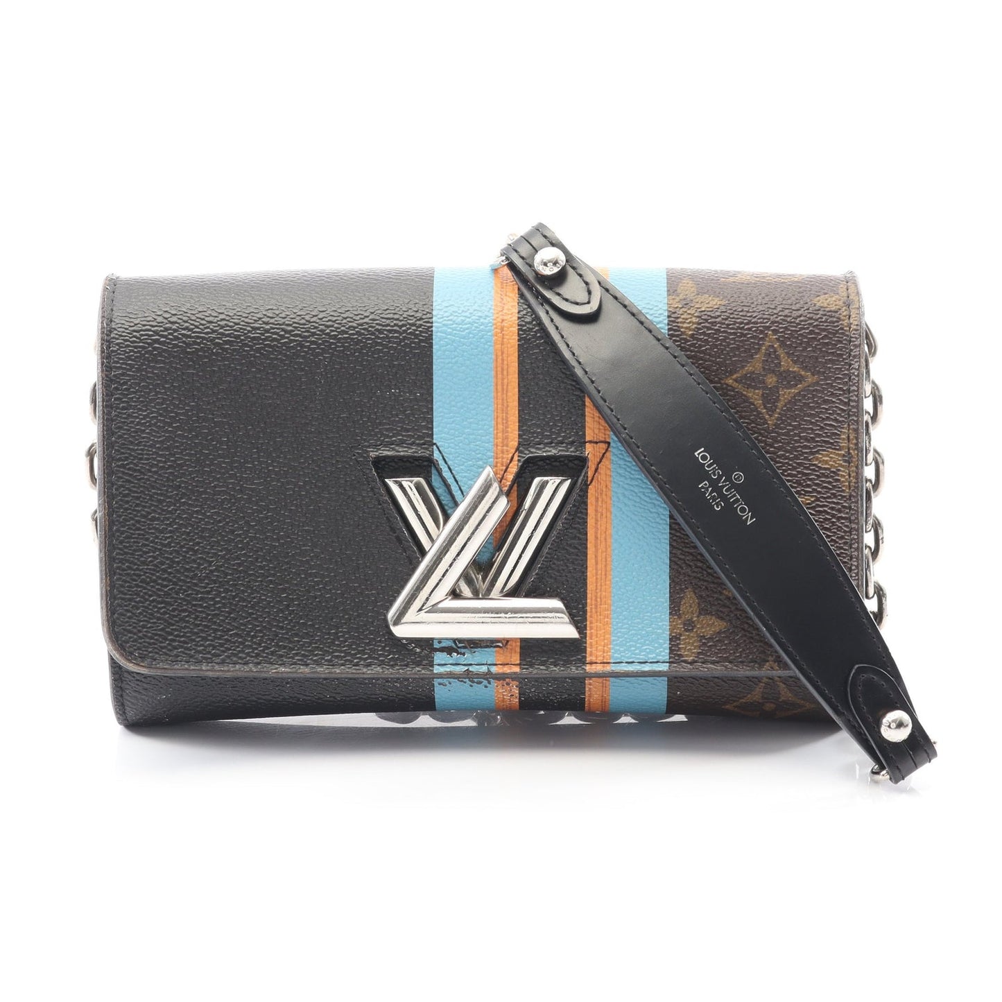 Louis Vuitton Twist Chain Wallet – Monogram & Black Leather with Painted Stripes - Authentic, Pre Loved