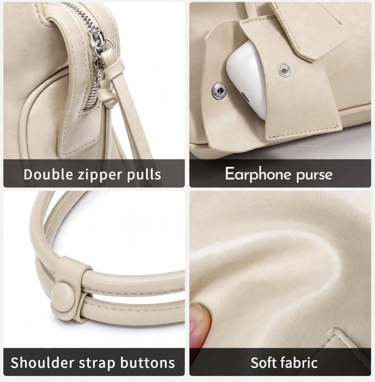 CAITINA Shoulder Bag Satchel Top Handle Hand Bag w/ Shoulder Strap – PU Vegan Leather – Ivory Cream - Brand New