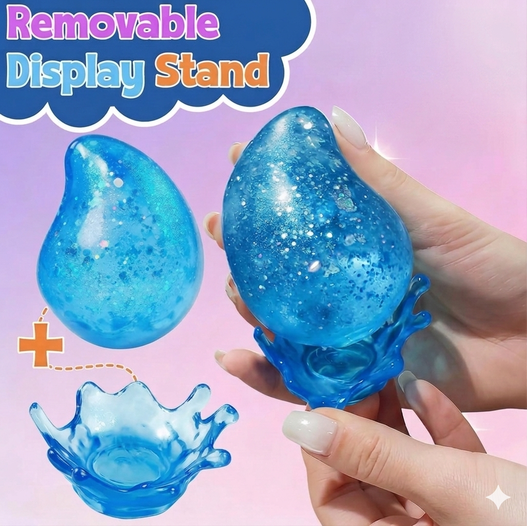 Dream Drop Glitter Slow-Rise Sugar Squish Squeeze Toy w/ Removable Splash Display Stand