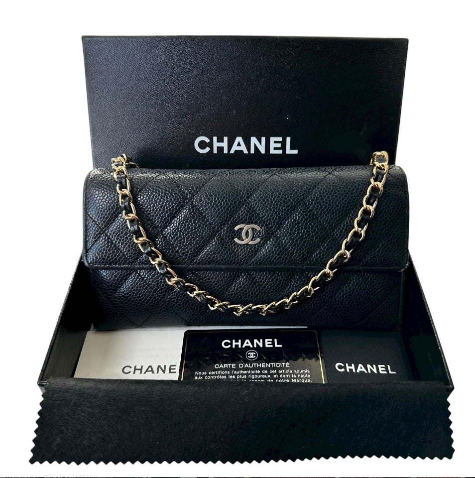 CHANEL Black Caviar Quilted Leather Classic Flap Long Wallet with Chain – Series 18