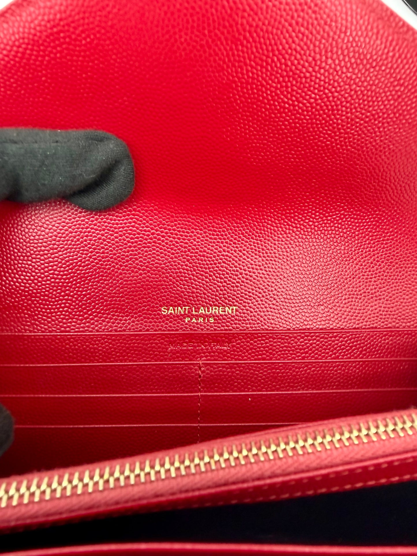 Yves Saint Laurent (YSL) Red Chevron Quilted Leather Envelope Chain Wallet (WOC) - Authentic, Pre Loved