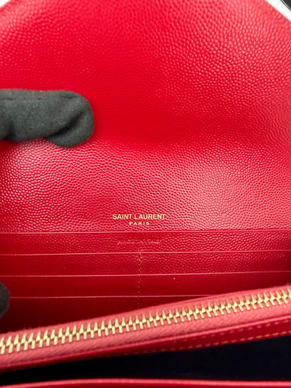Yves Saint Laurent (YSL) Red Chevron Quilted Leather Envelope Chain Wallet (WOC) - Authentic, Pre Loved