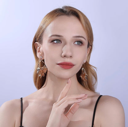 Gold Leaf Dangle Earrings for Women Nature-Inspired 925 Sterling Silver Twisted Chandelier Jewelry with Cubic Zirconia