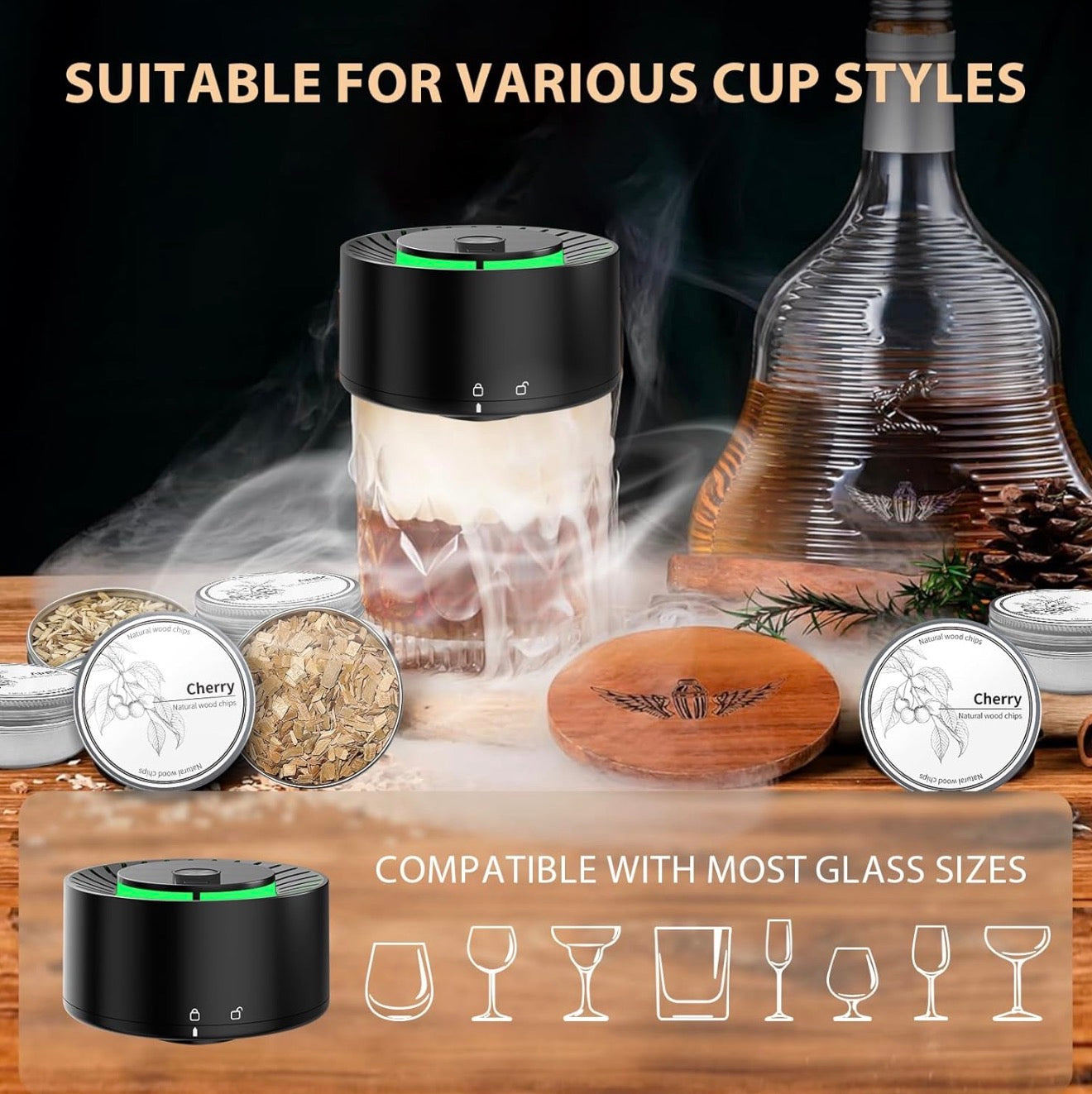 Electric Whiskey Smoker Kit with 6 Flavored Wood Chips | Automatic Cocktail Infuser, Built-In Lighter, No Butane Required | USB Rechargeable Bourbon Smoker Gift Set for Men, Dad, Husband, Birthday, Anniversary