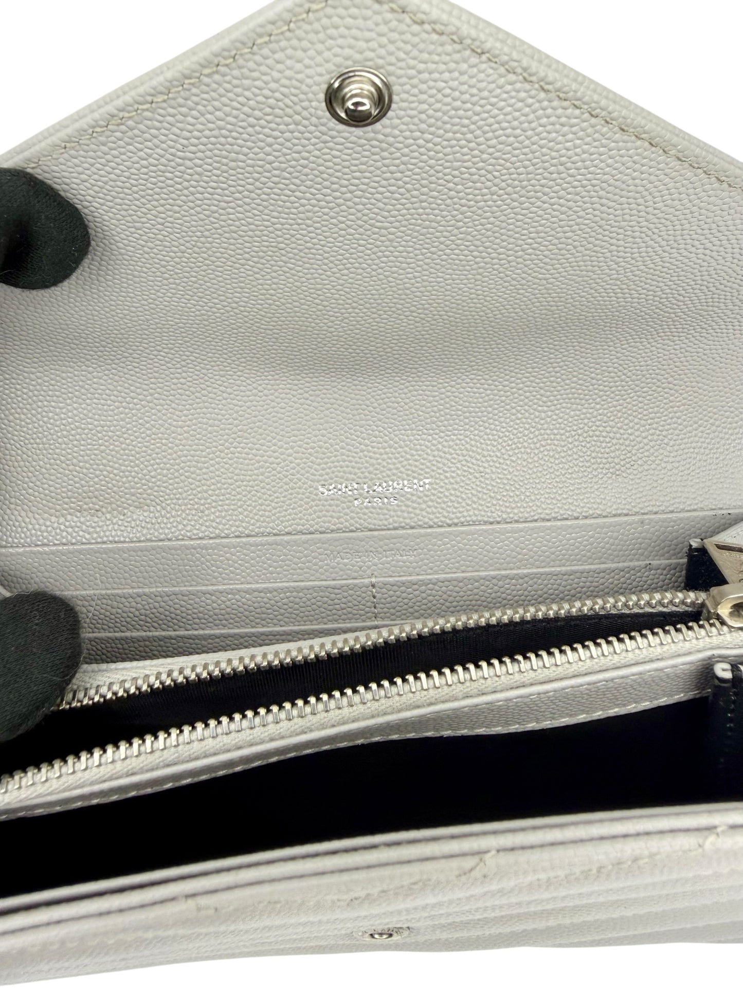 Yves Saint Laurent YSL Cassandre Matelassé Envelope Chain Wallet in Fog (Light Grey) Grain de Poudre Leather with Silver Hardware - AUTHENTIC