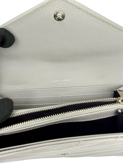 Yves Saint Laurent YSL Cassandre Matelassé Envelope Chain Wallet in Fog (Light Grey) Grain de Poudre Leather with Silver Hardware - AUTHENTIC