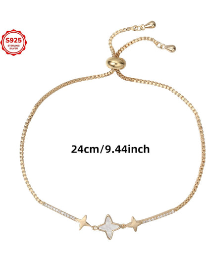 ⁠Celestial Star 18K Gold Plated Mother of Pearl & CZ Bolo Adjustable Bracelet