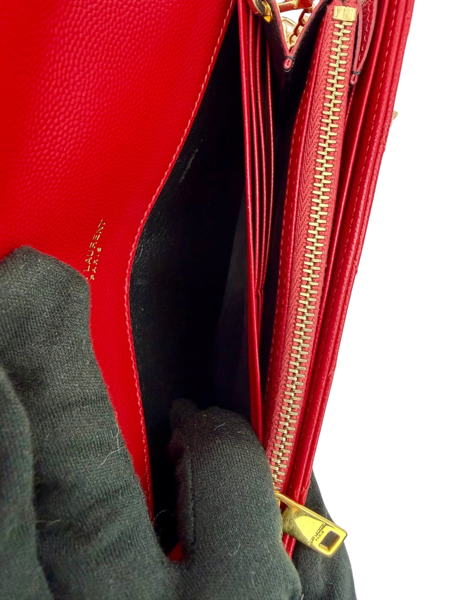 Yves Saint Laurent Monogram Envelope Chain Wallet Crossbody in Red Grain de Poudre Leather with Gold Hardware