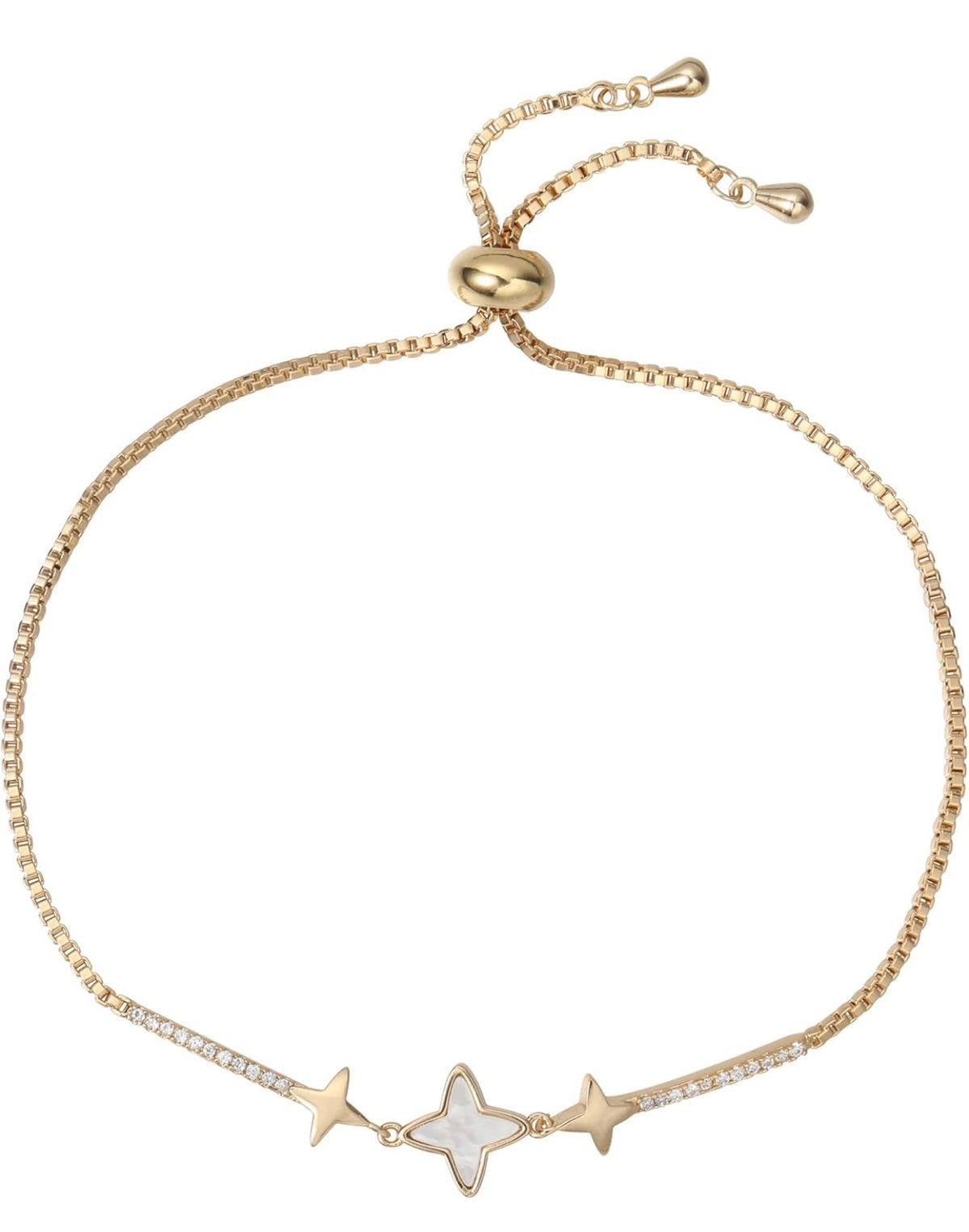 ⁠Celestial Star 18K Gold Plated Mother of Pearl & CZ Bolo Adjustable Bracelet