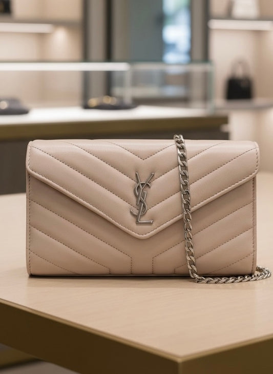 Yves Saint Laurent YSL Cassandre Matelassé Envelope Wallet on Chain - Authentic