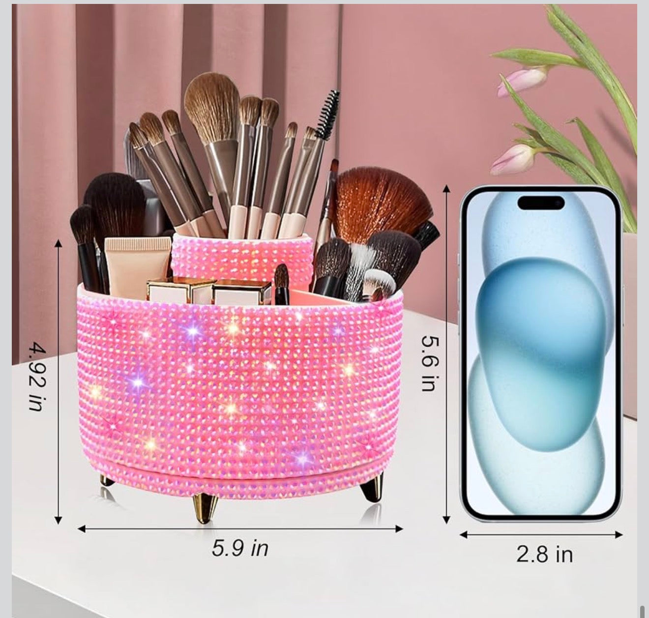 Bling Diamond 360° Rotating Vanity Makeup Brush Holder 5 Slot Cosmetics Organizer