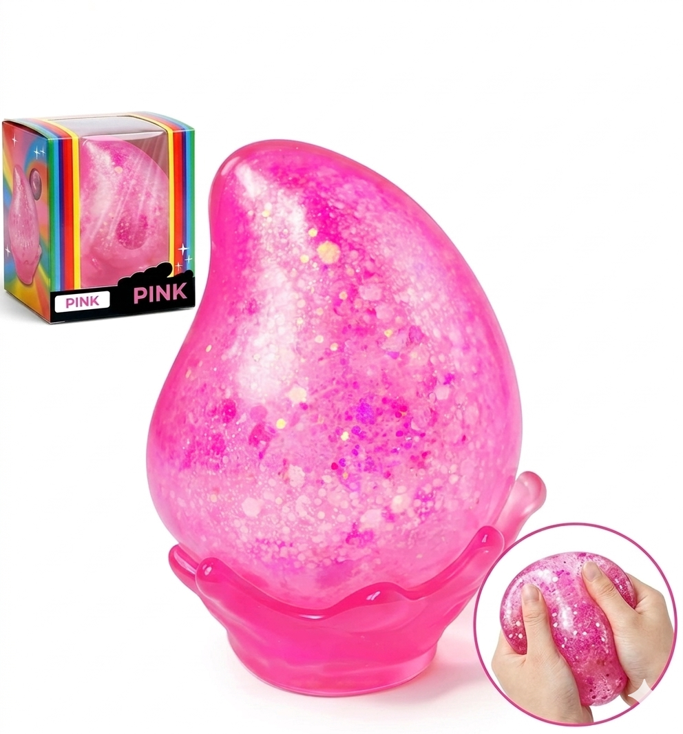 Dream Drop Glitter Slow-Rise Sugar Squish Squeeze Toy w/ Removable Splash Display Stand