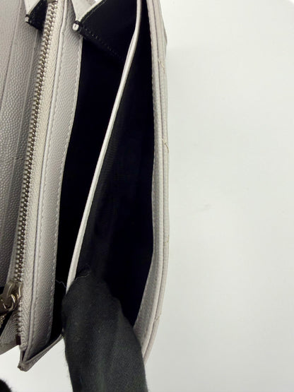Yves Saint Laurent (YSL) Monogram Large Flap Wallet in Light Grey Quilted Leather - Authentic, Preloved