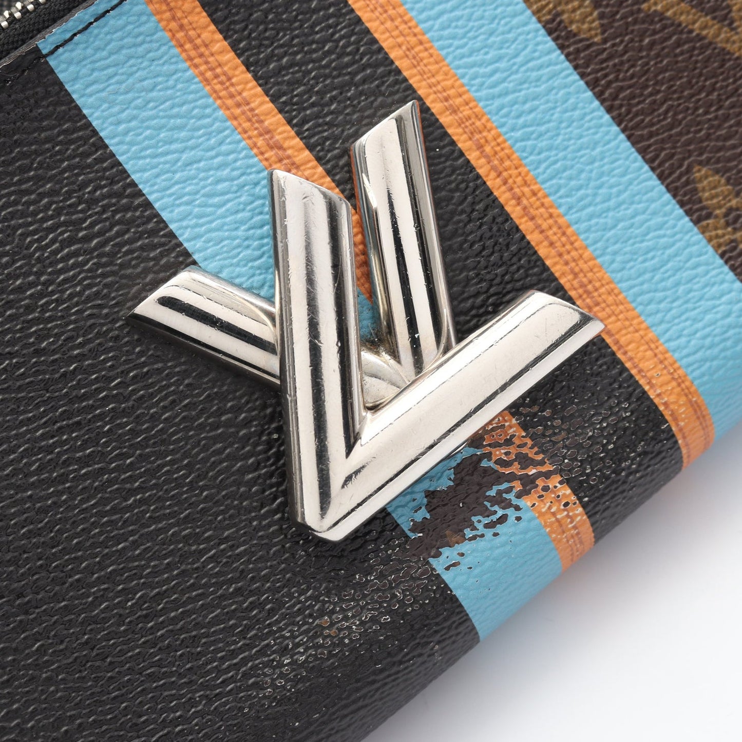 Louis Vuitton Twist Chain Wallet – Monogram & Black Leather with Painted Stripes - Authentic, Pre Loved