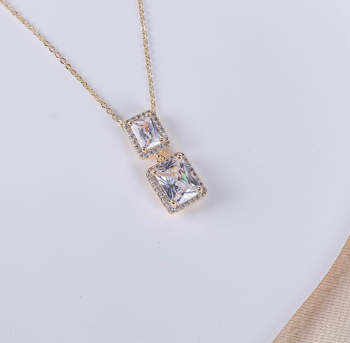 Double Radiant-Cut CZ Pendant Necklace S925 Sterling Silver 18K Gold Plated
