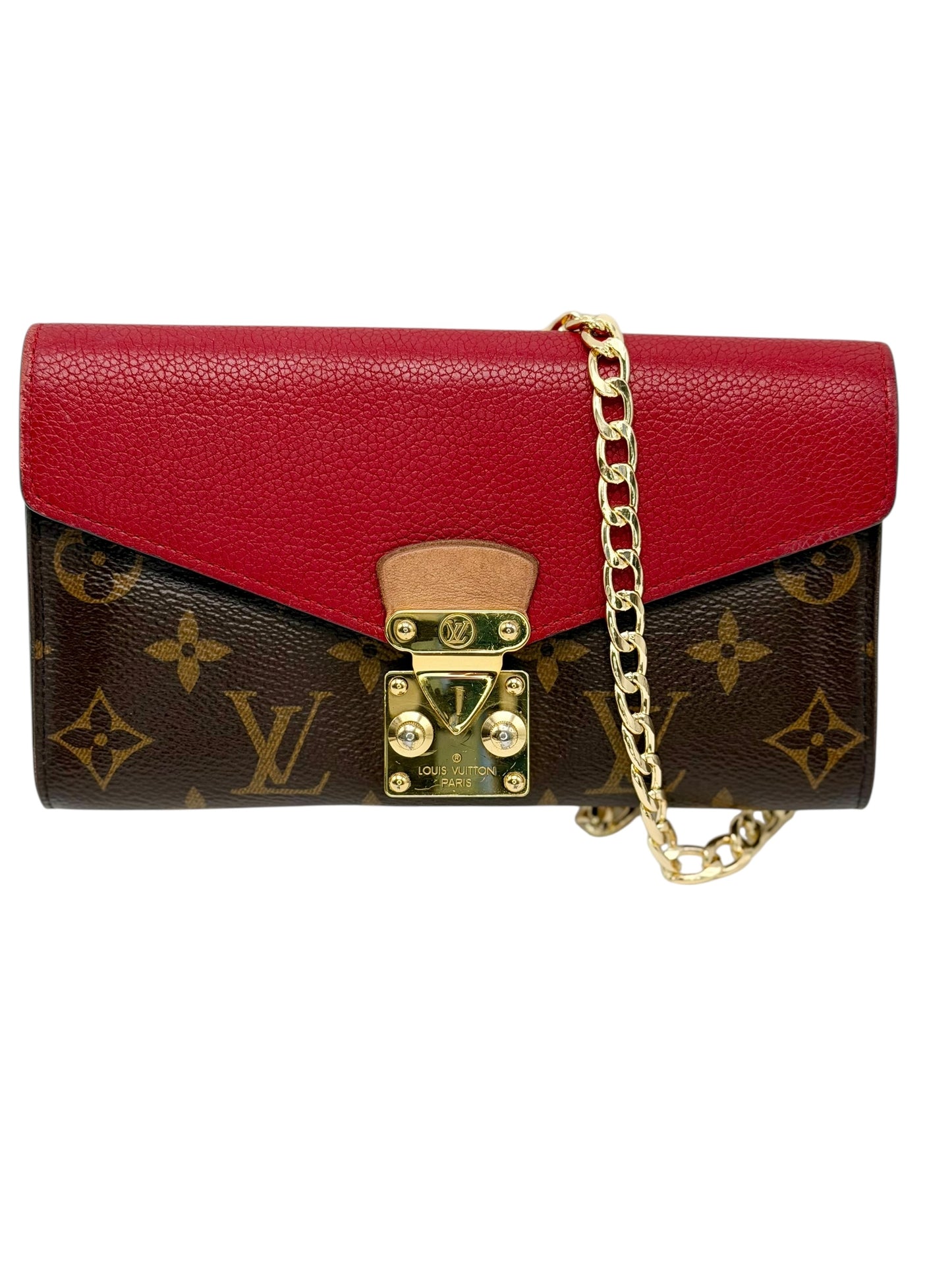 Louis Vuitton Pallas Wallet with Chain - Monogram Canvas & Scarlet Red Calfskin Leather - Excellent Preloved Condition