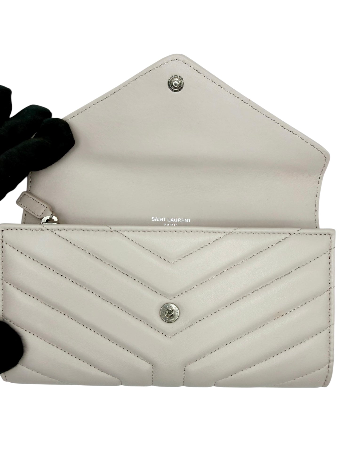 Yves Saint Laurent YSL Cassandre Matelassé Envelope Chain Wallet in Fog (Light Grey) Grain de Poudre Leather with Silver Hardware - AUTHENTIC
