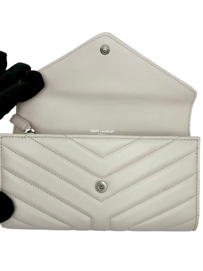 Yves Saint Laurent YSL Cassandre Matelassé Envelope Chain Wallet in Fog (Light Grey) Grain de Poudre Leather with Silver Hardware - AUTHENTIC