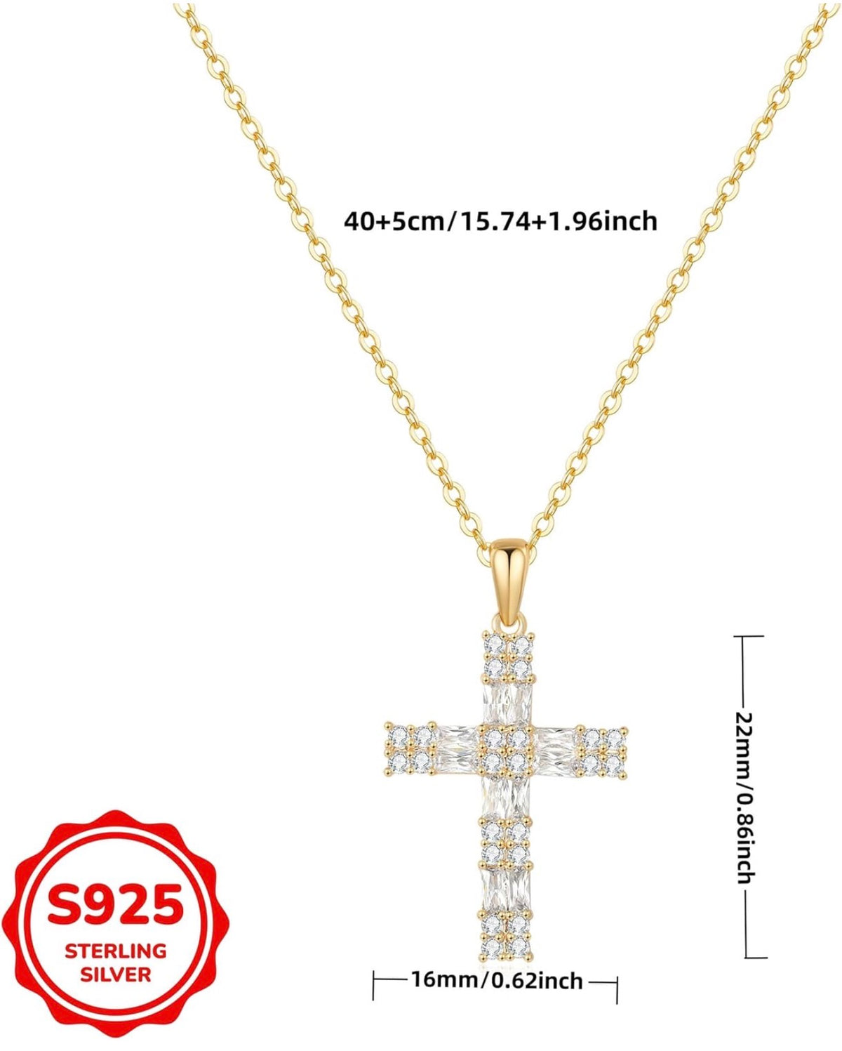 Gold Cross Necklace for Women – 18K Champagne Gold Plated Sterling Silver Sparkling 5A CZ Cross Pendant
