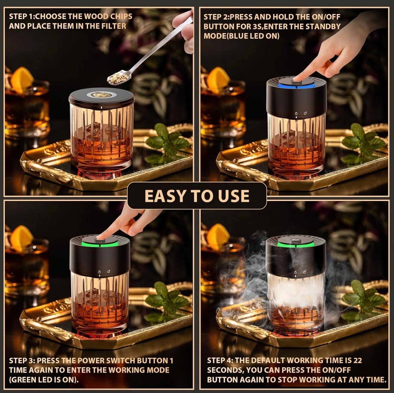 Electric Whiskey Smoker Kit with 6 Flavored Wood Chips | Automatic Cocktail Infuser, Built-In Lighter, No Butane Required | USB Rechargeable Bourbon Smoker Gift Set for Men, Dad, Husband, Birthday, Anniversary