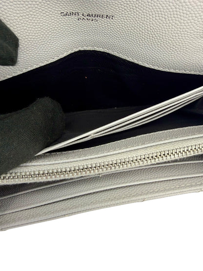 Yves Saint Laurent YSL Cassandre Matelassé Envelope Chain Wallet in Fog (Light Grey) Grain de Poudre Leather with Silver Hardware - AUTHENTIC