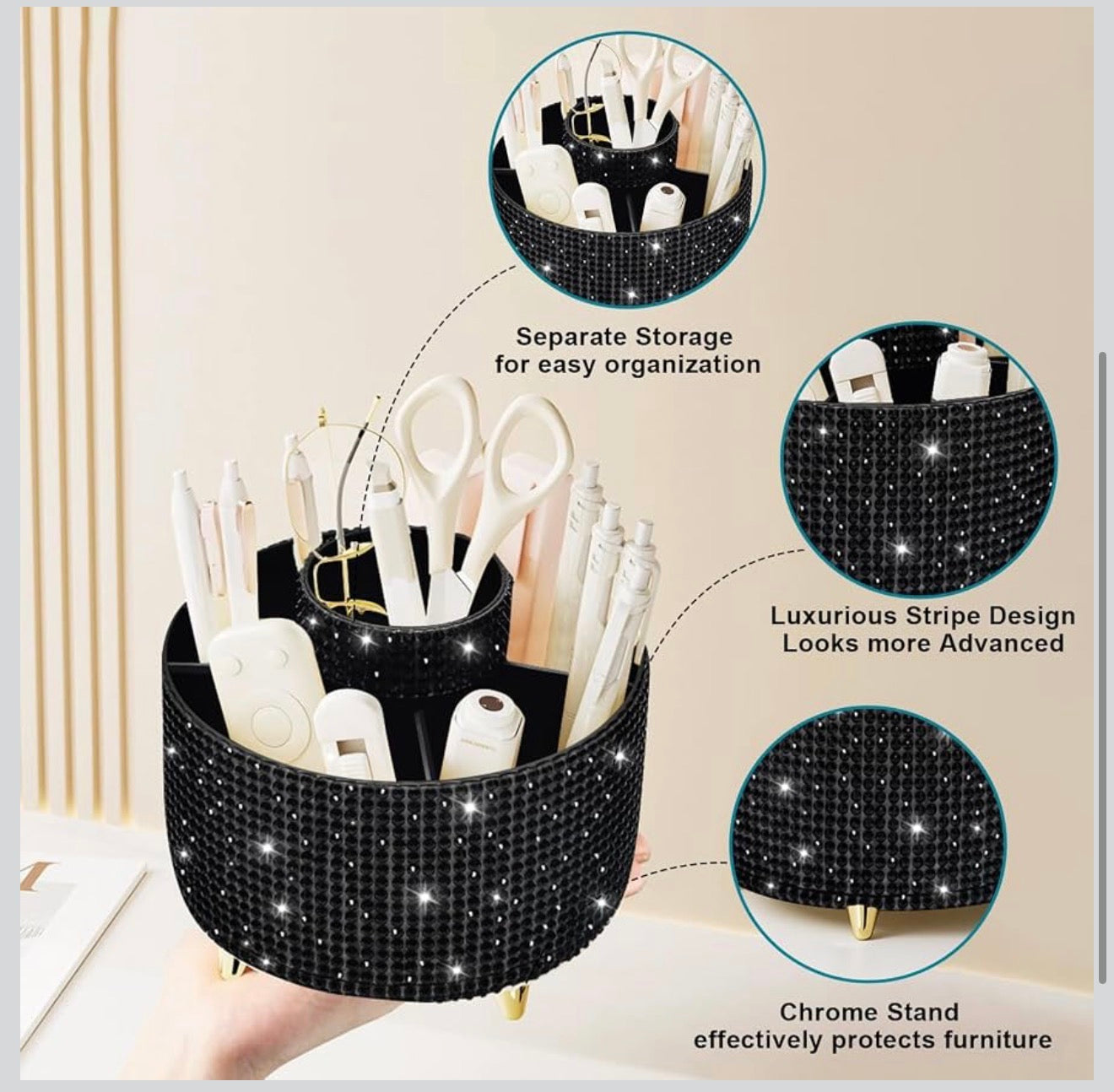 Bling Diamond 360° Rotating Vanity Makeup Brush Holder 5 Slot Cosmetics Organizer