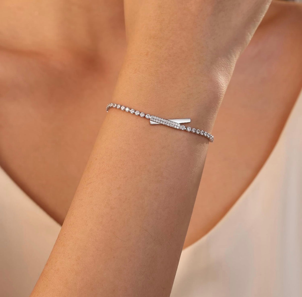 Sterling Silver Tennis Bracelet for Women – Adjustable Sparkling Cubic Zirconia Bolo Bracelet