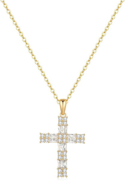Gold Cross Necklace for Women – 18K Champagne Gold Plated Sterling Silver Sparkling 5A CZ Cross Pendant