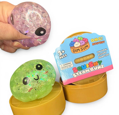 Mini 5cm Glitter Dumpling Squishy Fidget Toy in Steamer Basket – Water Bead & Glitter Gel Stress Relief Ball