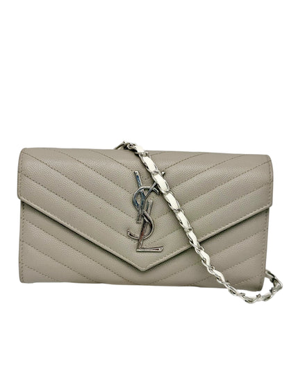Yves Saint Laurent YSL Cassandre Matelassé Envelope Chain Wallet in Fog (Light Grey) Grain de Poudre Leather with Silver Hardware - AUTHENTIC