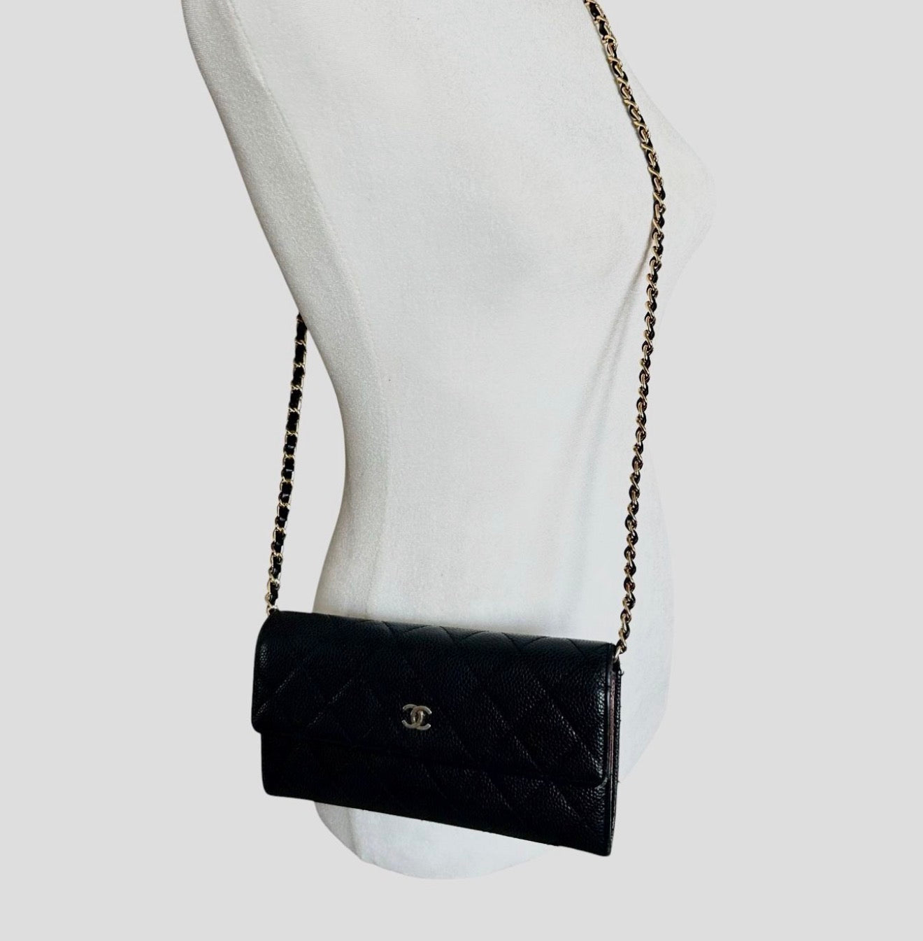 CHANEL Black Caviar Quilted Leather Classic Flap Long Wallet with Chain - Preloved